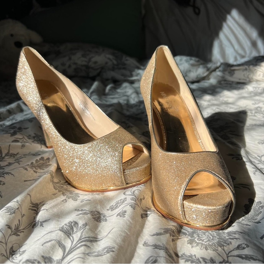 Nine West Gold Metallic Peep-Toe Heels